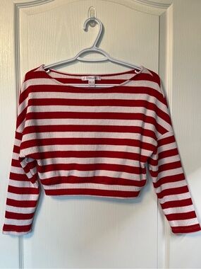 Red and white striped cropped ribbed-knit sweater